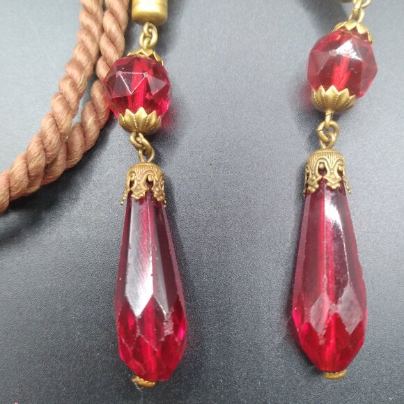 Vintage Red Czech Glass & Brass Etruscan Twisted 38'' Necklace - Picture 2 of 8